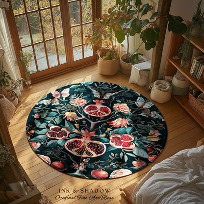 Vintage Pomegranate Floral Whimsigoth Rug Enchanted Botanical Butterfly Home Decor | Victorian Gothic Whimsical Woodland Forestcore Design