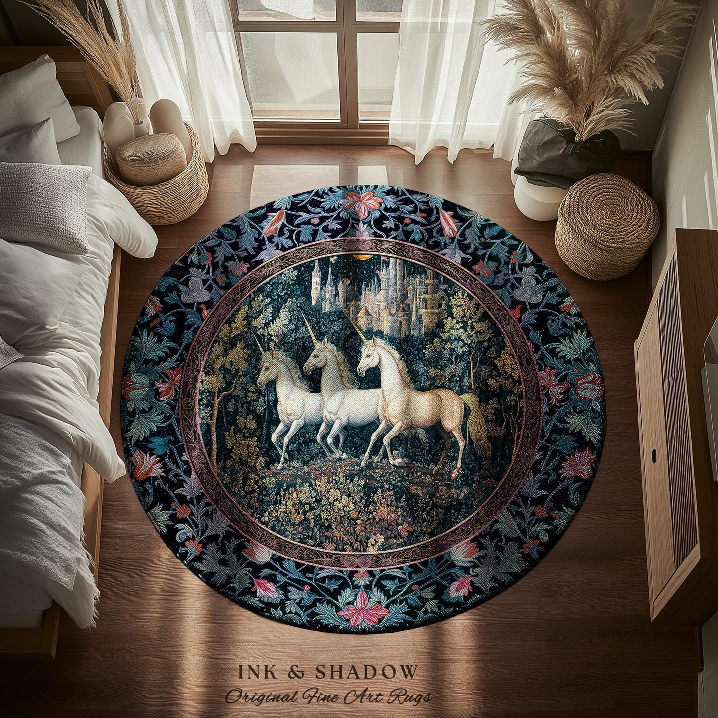 Witchy Dark Romantic Accent Rug | Medieval Folklore Decor Fairytale Inspired Cottagecore Whimsical Fantasy Unicorn Area Rug Gothic Whimsy |