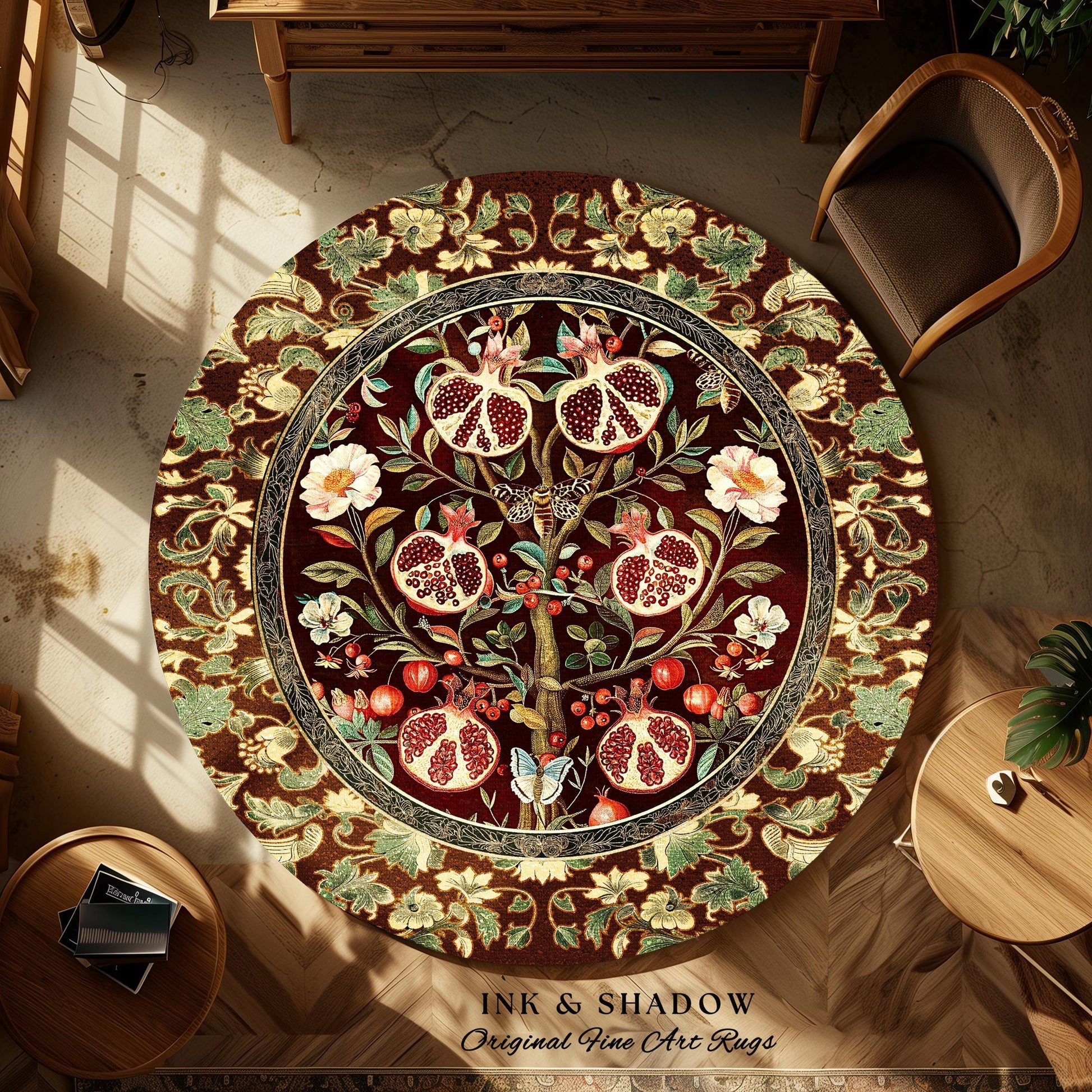 Antique Aesthetic Pomegranate Art Rug Enchanted Garden Cottagecore Decor | Gothic Woodland Whimsy Floral Butterfly Moth Vintage Fairycore