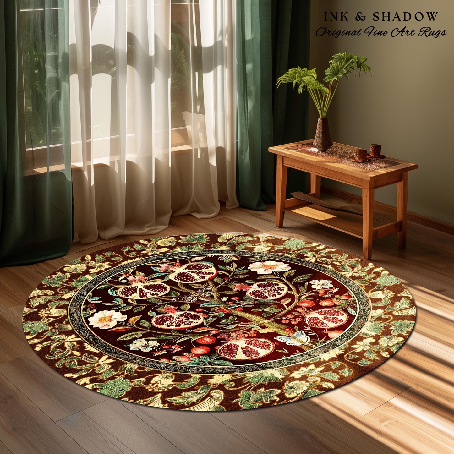 Antique Aesthetic Pomegranate Art Rug Enchanted Garden Cottagecore Decor | Gothic Woodland Whimsy Floral Butterfly Moth Vintage Fairycore