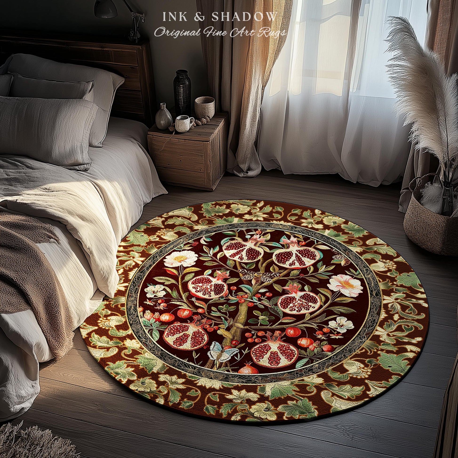 Antique Aesthetic Pomegranate Art Rug Enchanted Garden Cottagecore Decor | Gothic Woodland Whimsy Floral Butterfly Moth Vintage Fairycore