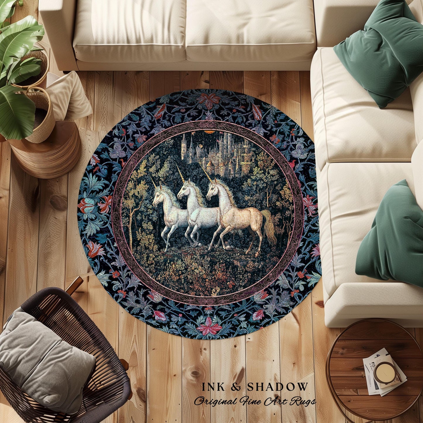 Witchy Dark Romantic Accent Rug | Medieval Folklore Decor Fairytale Inspired Cottagecore Whimsical Fantasy Unicorn Area Rug Gothic Whimsy |