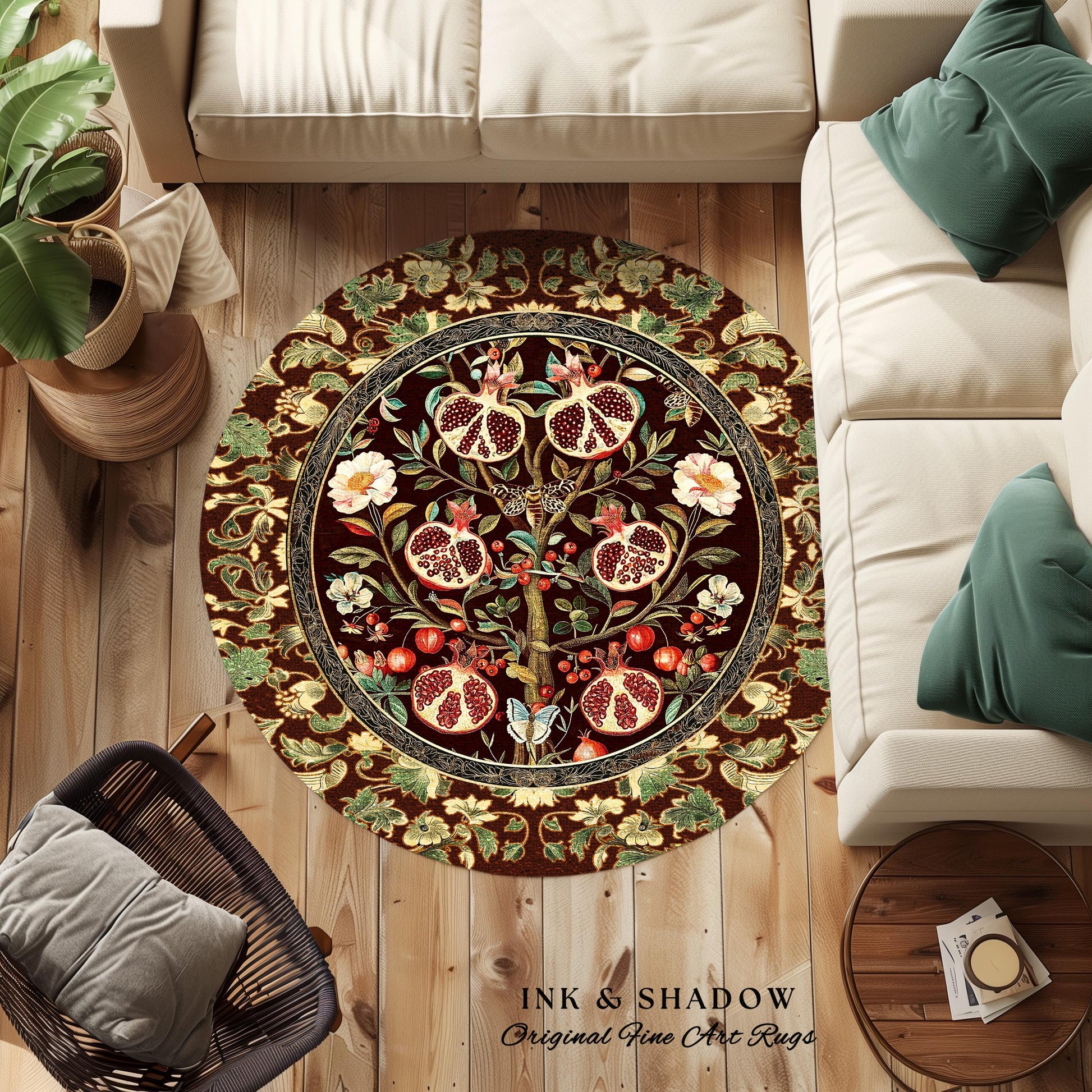 Antique Aesthetic Pomegranate Art Rug Enchanted Garden Cottagecore Decor | Gothic Woodland Whimsy Floral Butterfly Moth Vintage Fairycore