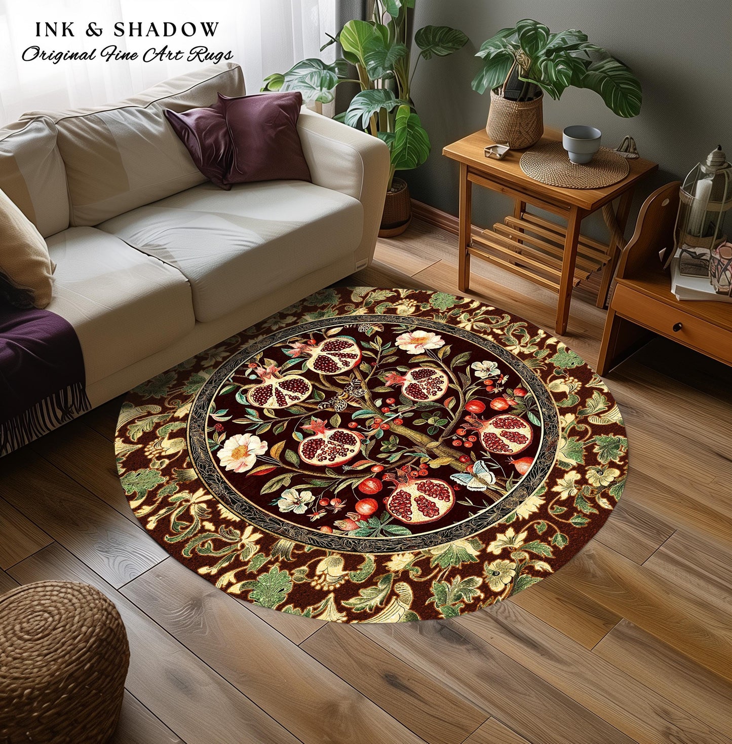 Antique Aesthetic Pomegranate Art Rug Enchanted Garden Cottagecore Decor | Gothic Woodland Whimsy Floral Butterfly Moth Vintage Fairycore