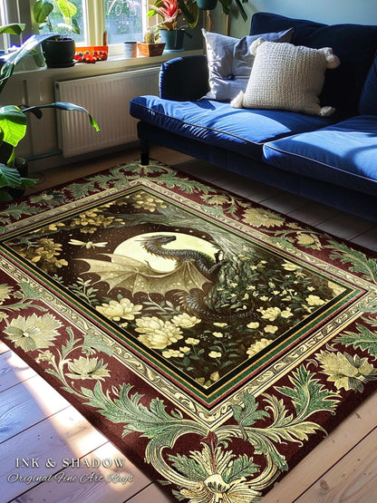 Woodland Gothic Dragon Area Rug Mystical Forest Green Full Moon Celestial Magic Fantasy Rug | Whimsigothic Enchanted Fairytale Bedroom Style