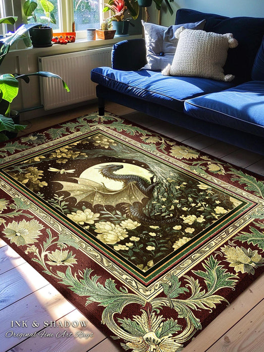 Woodland Gothic Dragon Area Rug Mystical Forest Green Full Moon Celestial Magic Fantasy Rug | Whimsigothic Enchanted Fairytale Bedroom Style