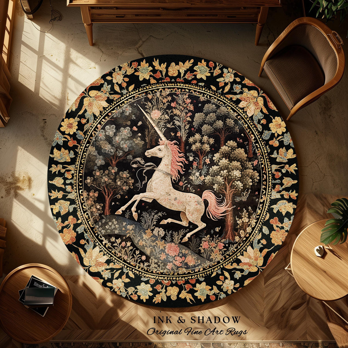 Celestial Unicorn Aesthetic Round Area Rug | Folklore Aesthetic Room Decor Morris Inspired Cottagecore Cozy Fairycore Unicorn Rug Mystical