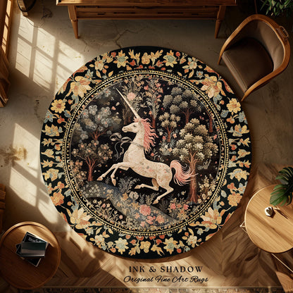 Celestial Unicorn Aesthetic Round Area Rug | Folklore Aesthetic Room Decor Morris Inspired Cottagecore Cozy Fairycore Unicorn Rug Mystical