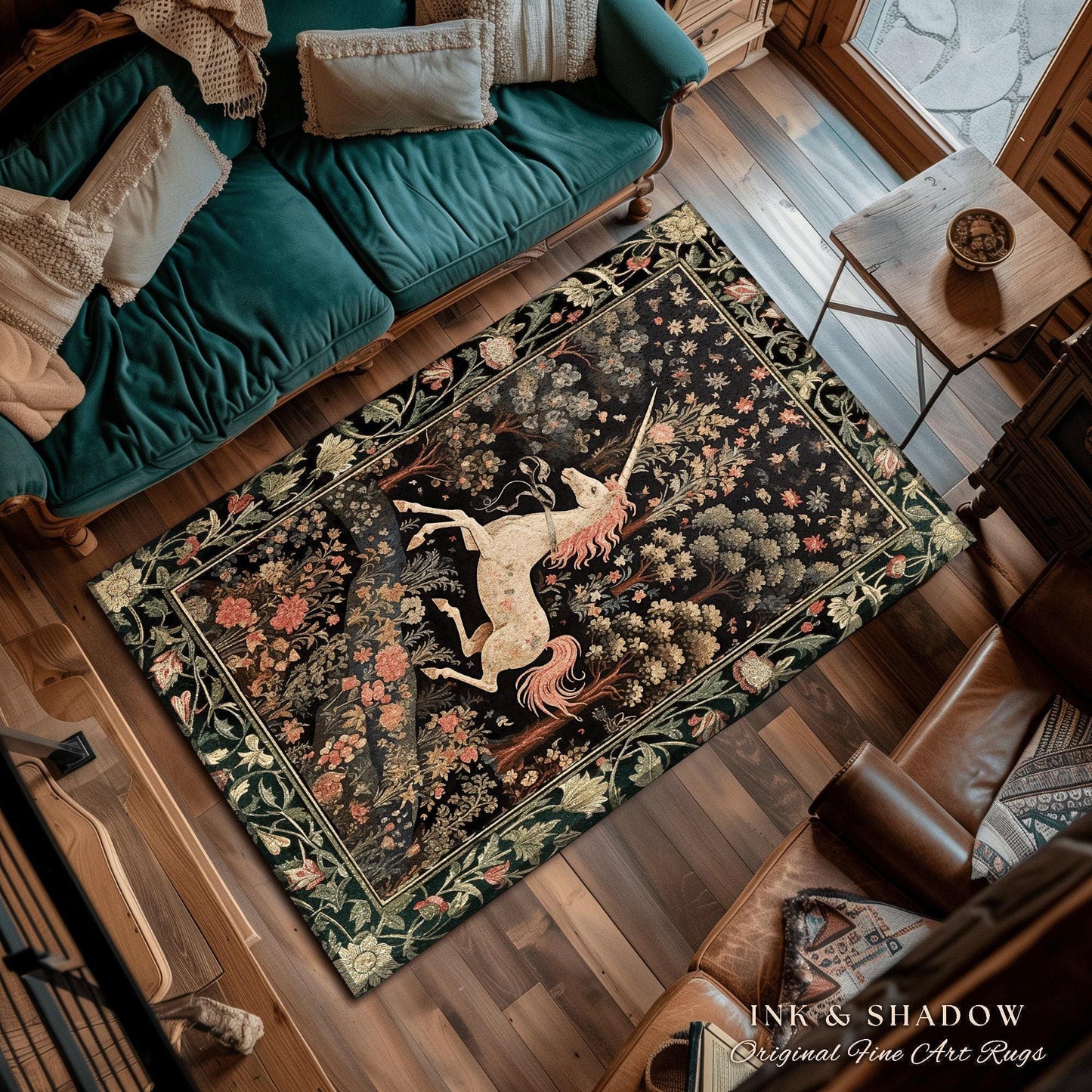 Celestial Unicorn Aesthetic Round Area Rug | Folklore Aesthetic Room Decor Morris Inspired Cottagecore Cozy Fairycore Unicorn Rug Mystical