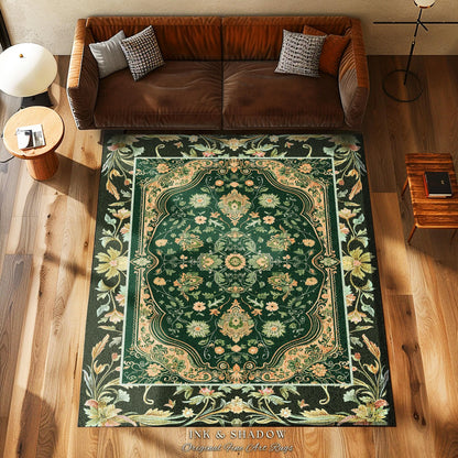 Ornate Emerald Green Accent Rug | Bohemian Style Cottagecore Area Rug Hippie Aesthetic Forest Green Detail Vibrant Color Bedroom Decor Retro