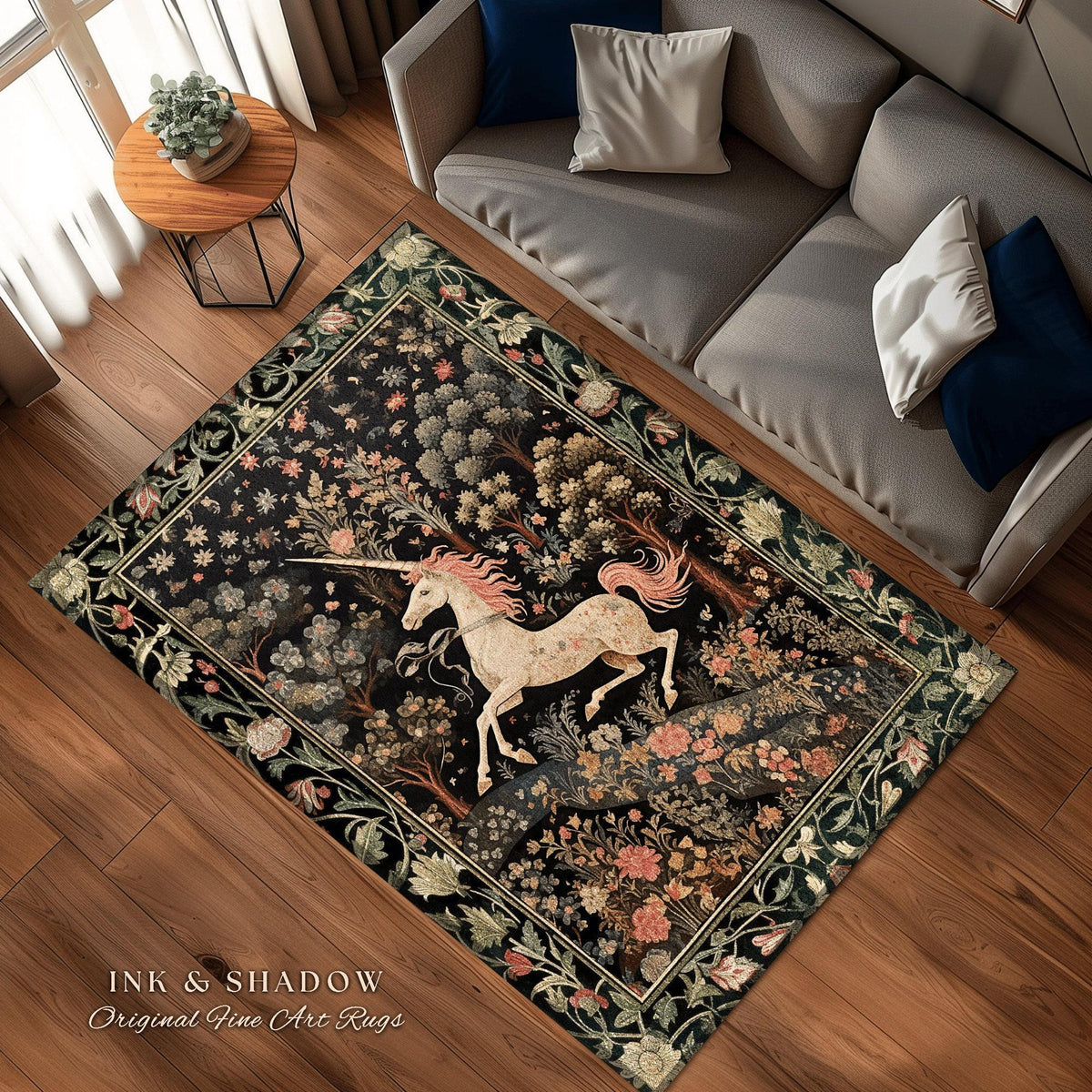 Celestial Unicorn Aesthetic Round Area Rug | Folklore Aesthetic Room Decor Morris Inspired Cottagecore Cozy Fairycore Unicorn Rug Mystical