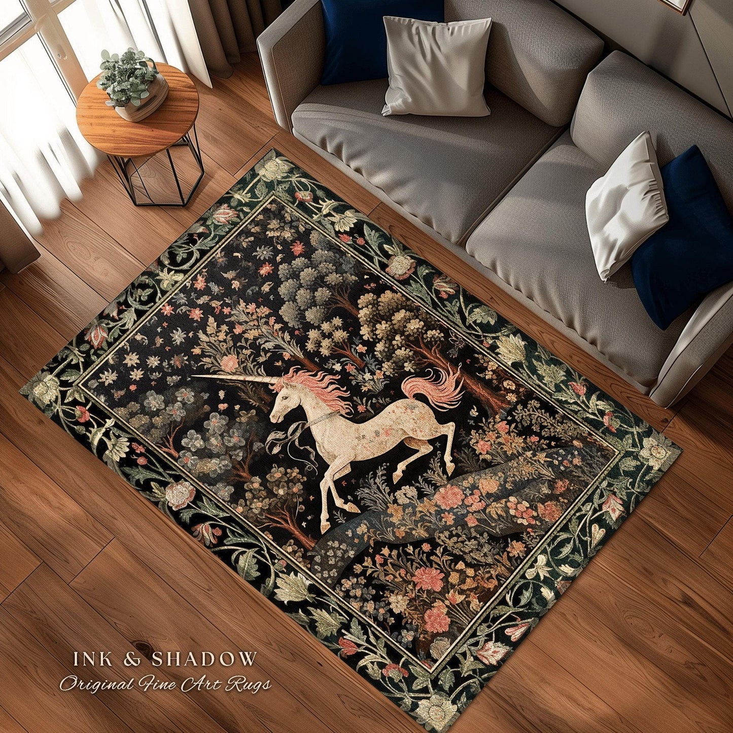 Celestial Unicorn Aesthetic Round Area Rug | Folklore Aesthetic Room Decor Morris Inspired Cottagecore Cozy Fairycore Unicorn Rug Mystical