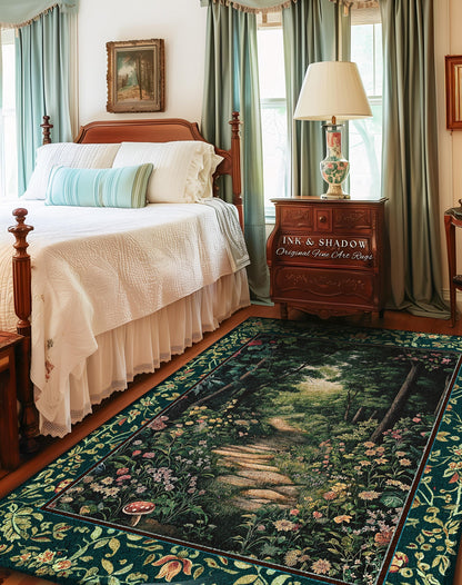 Woodland Forest Cottagecore Kitchen Rug | Fairycore Aesthetic Magical Woodland Entryway Emerald Green Home Decor Whimsigothic Floor Mat Long