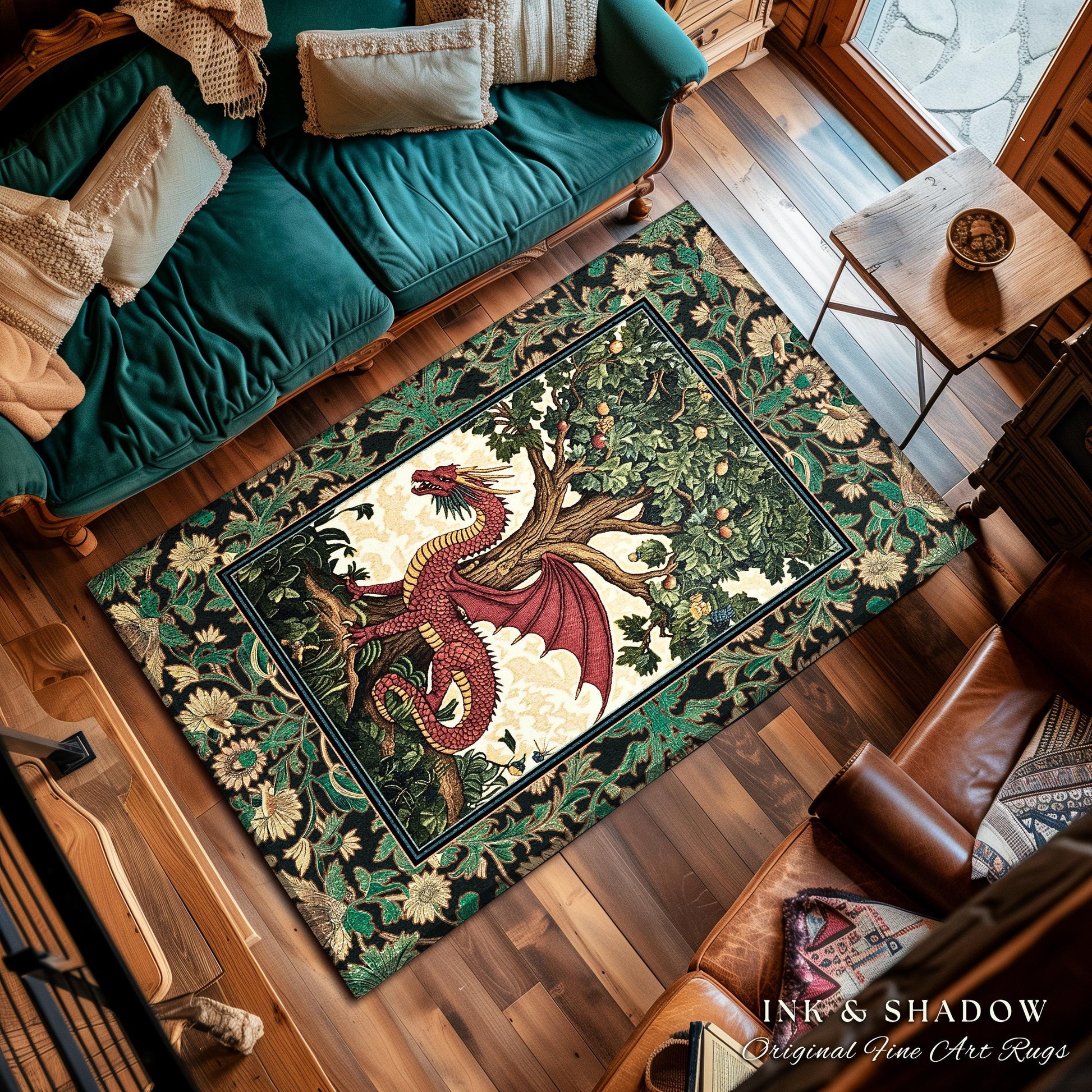 Magical Fantasy Inspired Dragon Rug | Ethereal Medieval Nordic Tree of Life Fairytale Bedroom Whimsigothic Dark Academia Rustic Decor Mystic