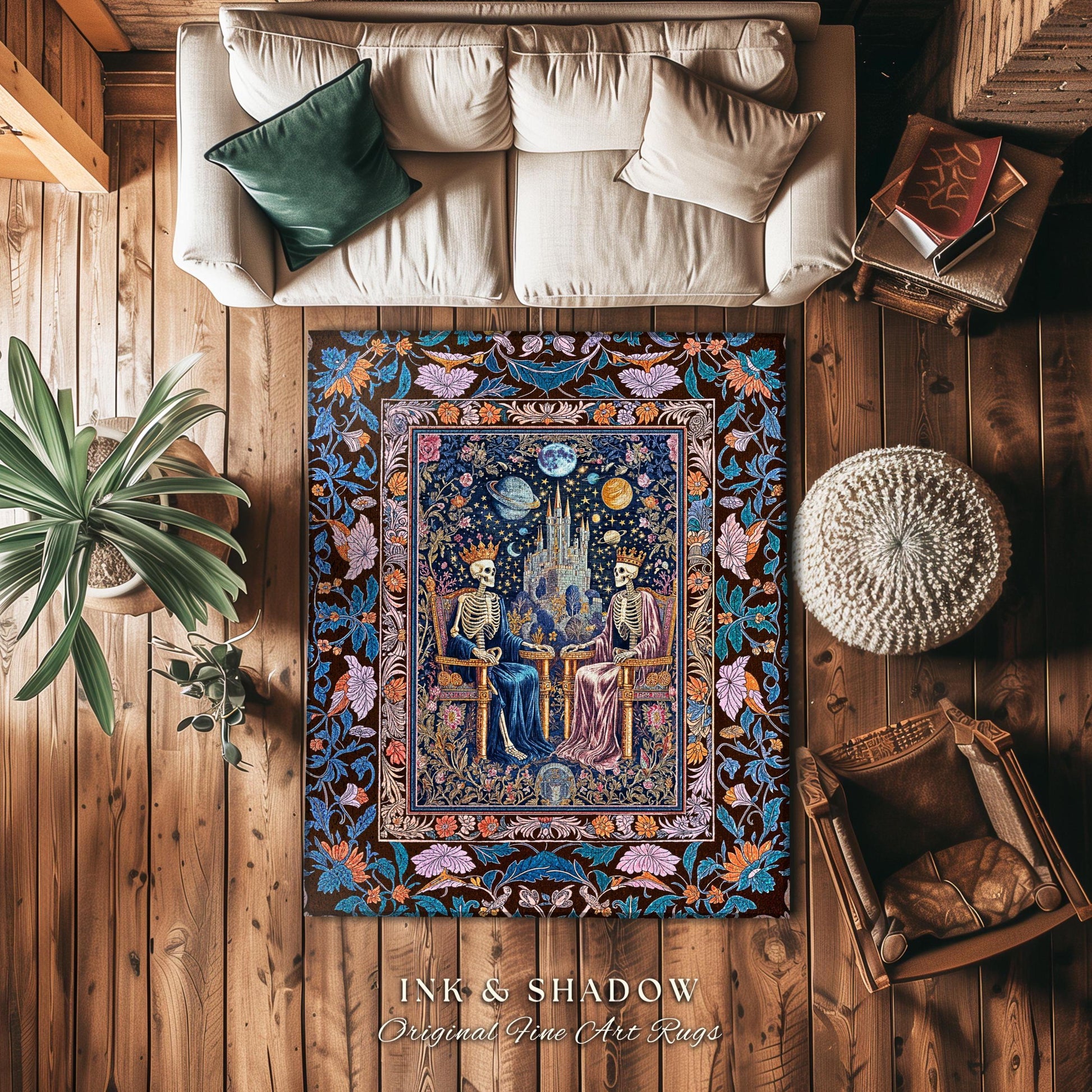 Maximalist Skeleton Royals Pastel Area Rug | Castle Couple Celestial Gothic Moonlit Fairytale Scene Baroque Floral Crowned Lovers Accent Rug