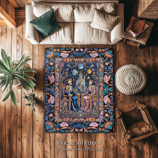 Maximalist Skeleton Royals Pastel Area Rug | Castle Couple Celestial Gothic Moonlit Fairytale Scene Baroque Floral Crowned Lovers Accent Rug
