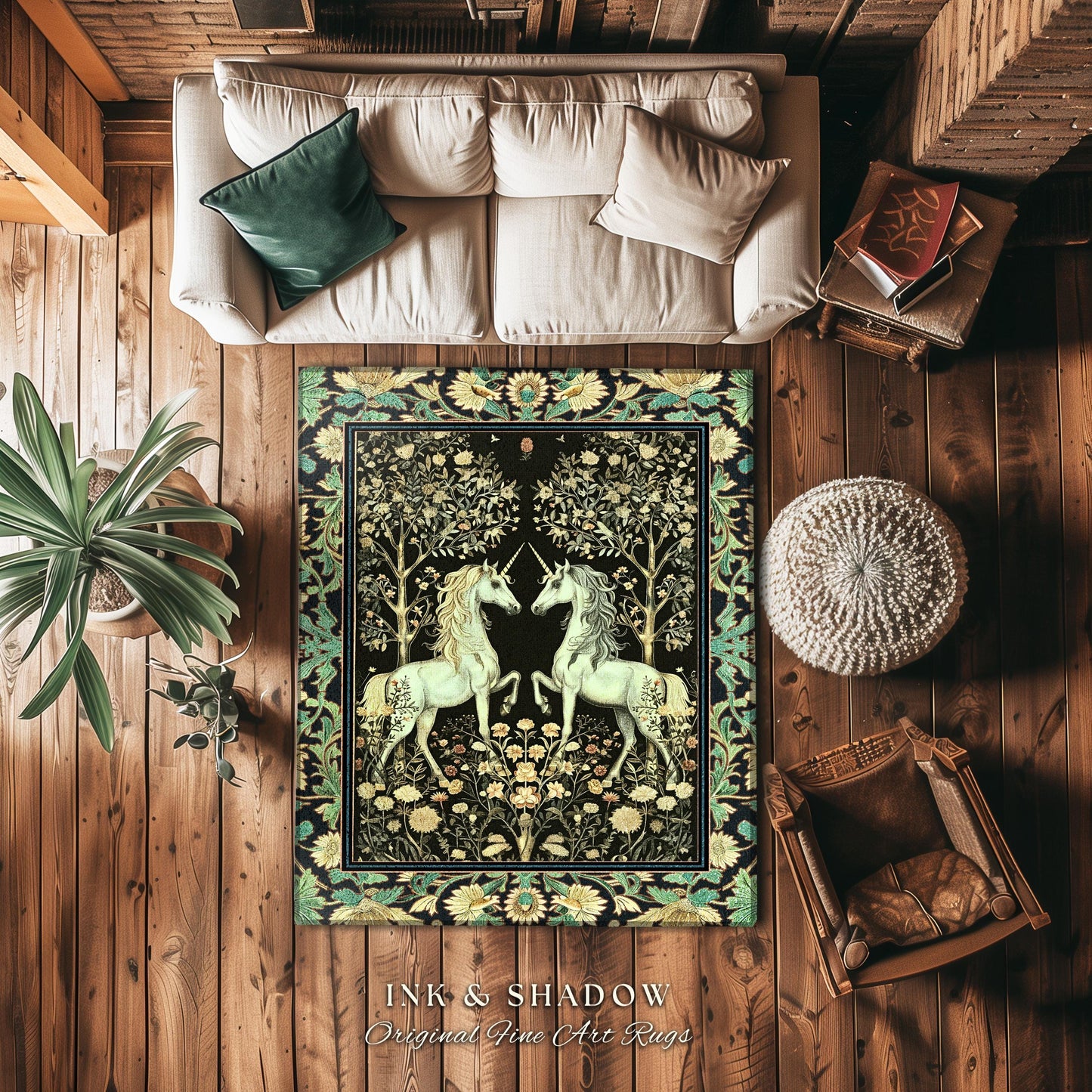 Victorian Gothic Unicorn Round Rug Ornate Baroque Fantasy Decor | Enchanted Art Nouveau Cottagecore Fairytale Whimsigoth Maximalist Accent