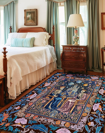 Maximalist Skeleton Royals Pastel Area Rug | Castle Couple Celestial Gothic Moonlit Fairytale Scene Baroque Floral Crowned Lovers Accent Rug