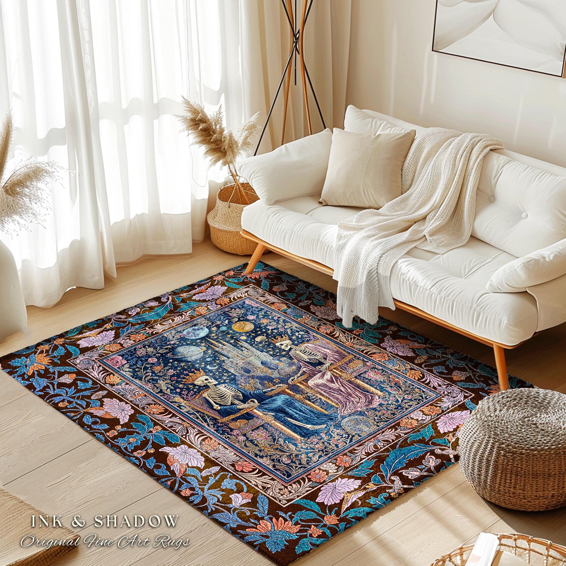Maximalist Skeleton Royals Pastel Area Rug | Castle Couple Celestial Gothic Moonlit Fairytale Scene Baroque Floral Crowned Lovers Accent Rug