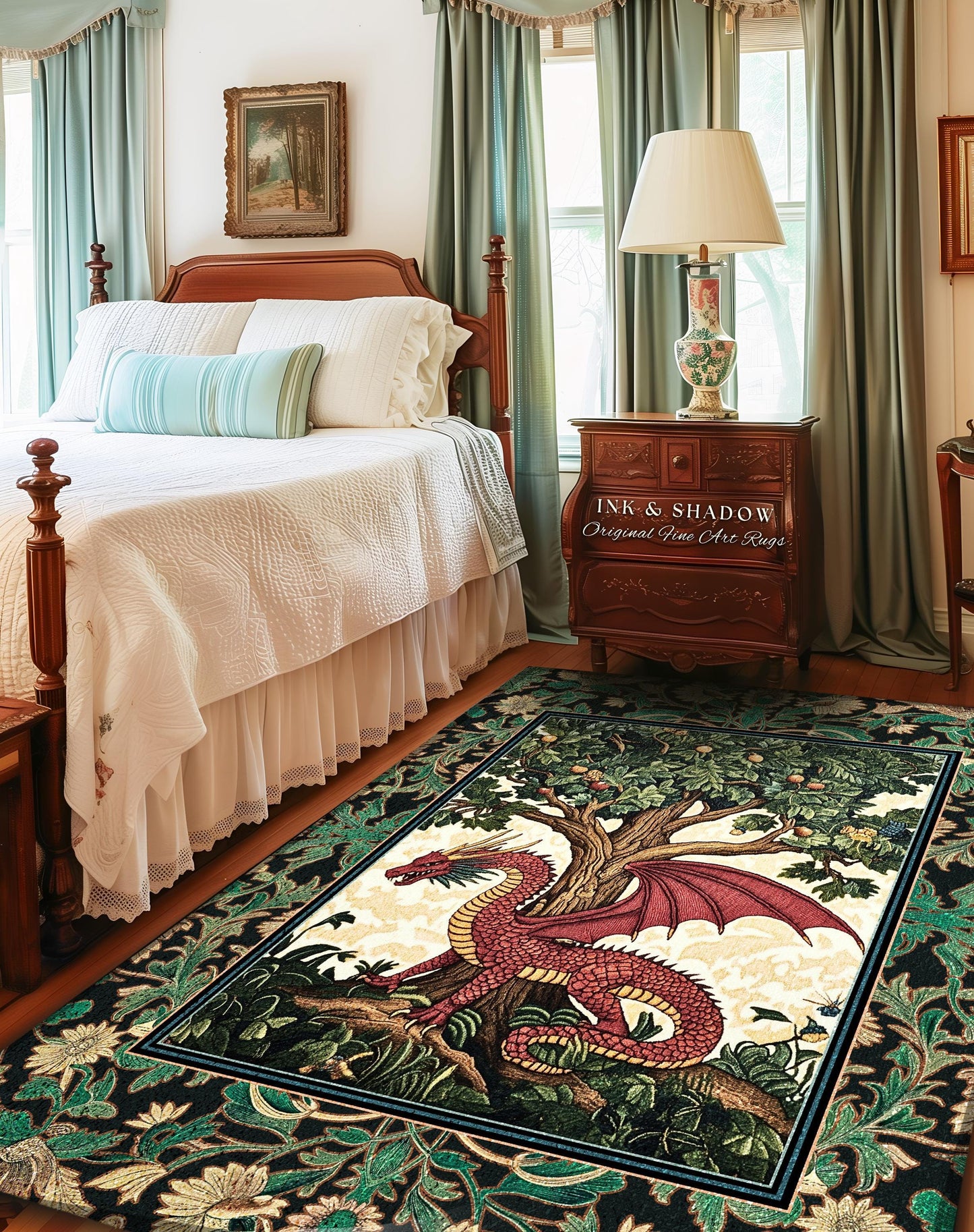 Magical Fantasy Inspired Dragon Rug | Ethereal Medieval Nordic Tree of Life Fairytale Bedroom Whimsigothic Dark Academia Rustic Decor Mystic