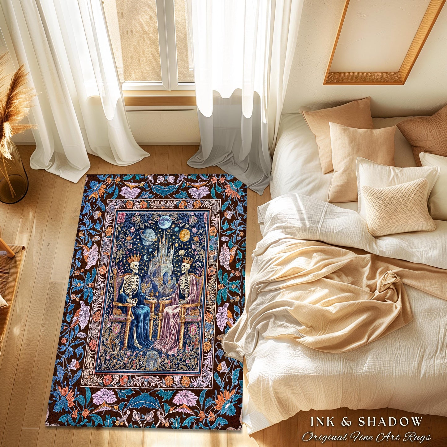 Maximalist Skeleton Royals Pastel Area Rug | Castle Couple Celestial Gothic Moonlit Fairytale Scene Baroque Floral Crowned Lovers Accent Rug