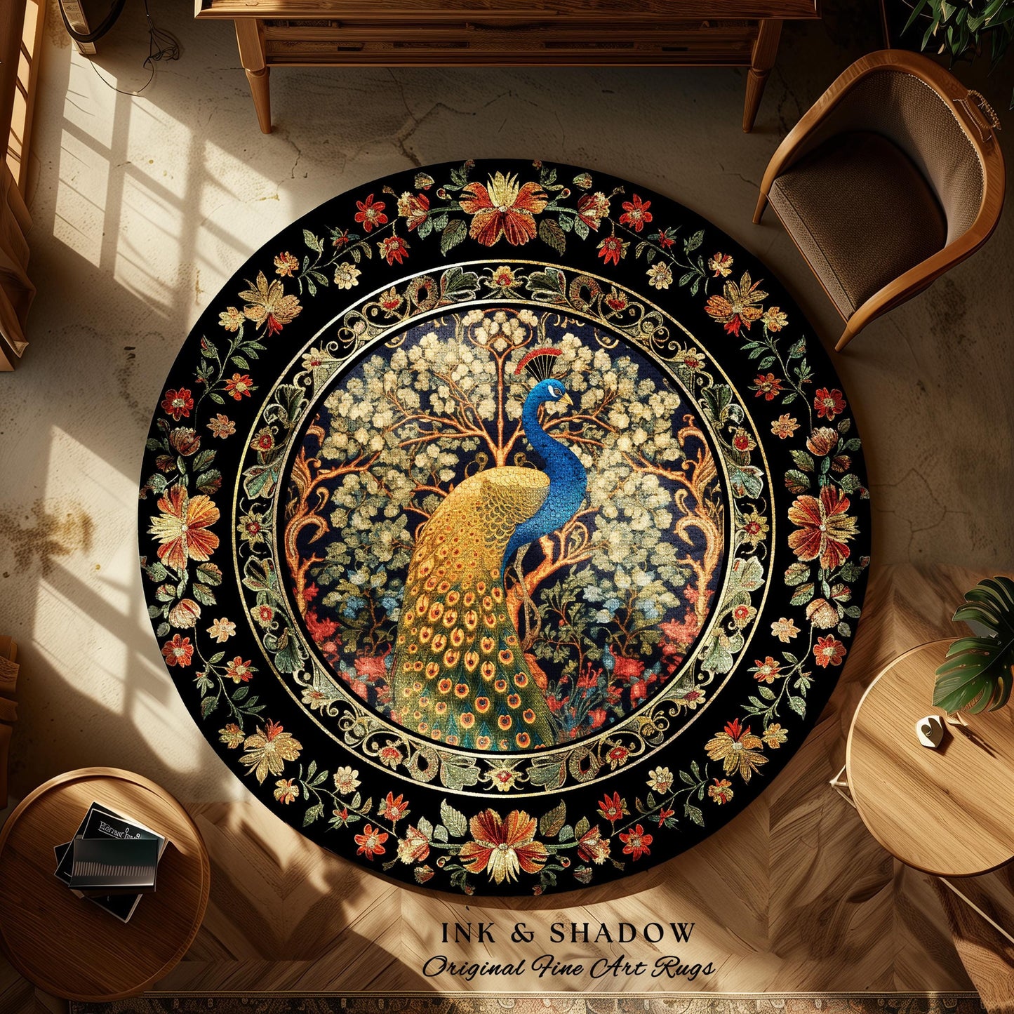 Baroque Floral Forestcore Ornate Round Peacock Rug | Medieval Gothic Woodland Morris Inspired Whimsical Witchy Cottagecore Ethereal Bird Art