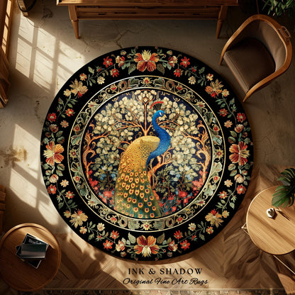 Baroque Floral Forestcore Ornate Round Peacock Rug | Medieval Gothic Woodland Morris Inspired Whimsical Witchy Cottagecore Ethereal Bird Art