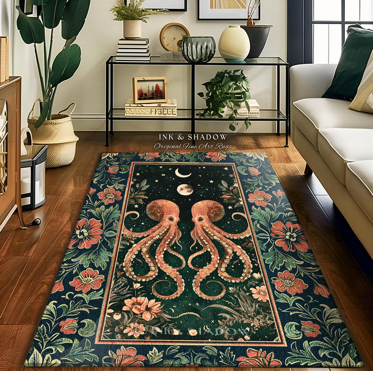 Celestial Octopus Whimsical Area Rug | Ethereal Sea Life Eclectic Accent Rug Magical Underwater Theme Ocean Aesthetic Whimsigothic Nautical