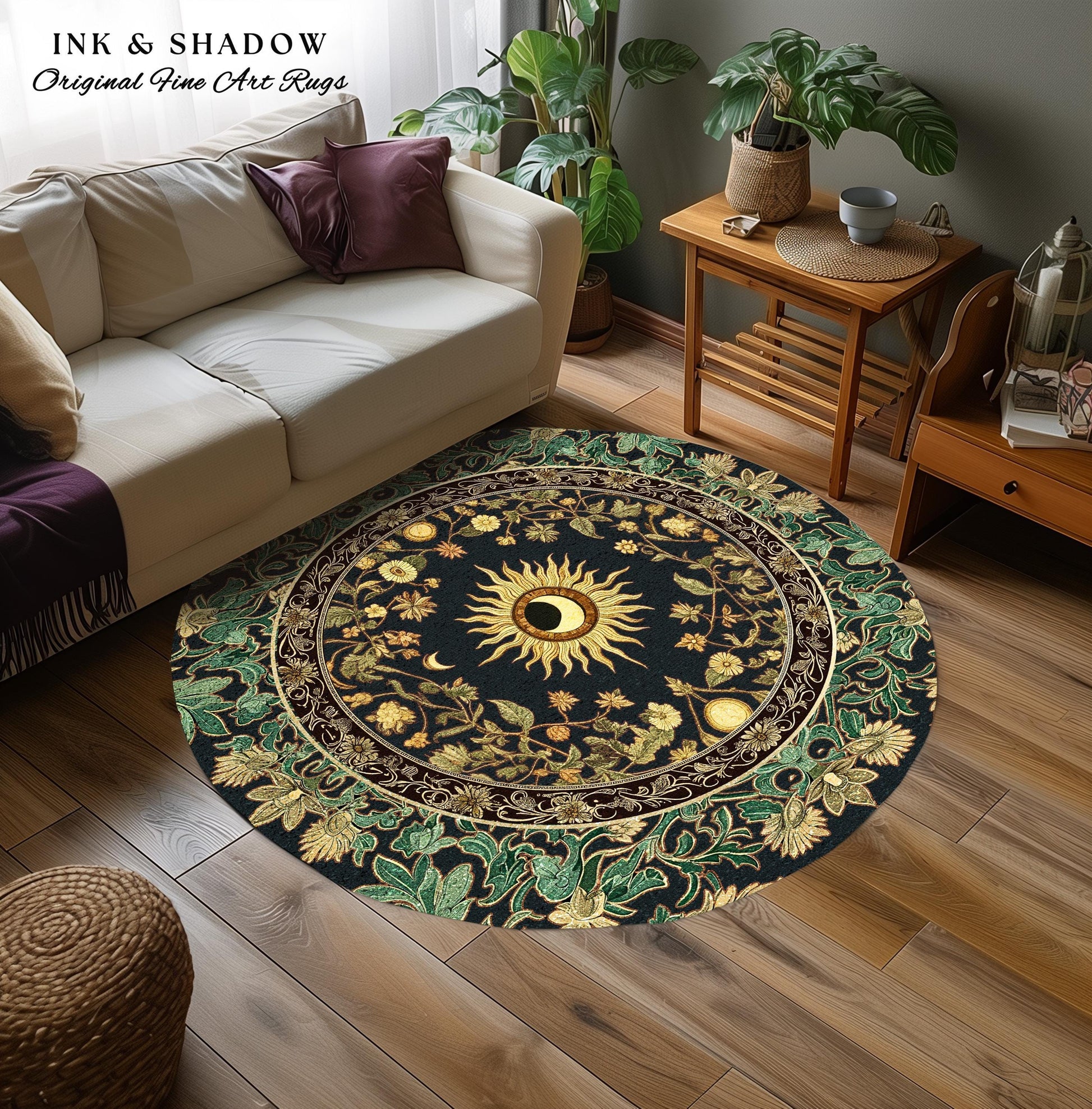 Earthy Spiritual Sun Accent Rug | Hippie Gothic Botanical Ethereal Mystic Bedroom Rug Whimsical Celestial Tarot Aesthetic Astrology Witchy |