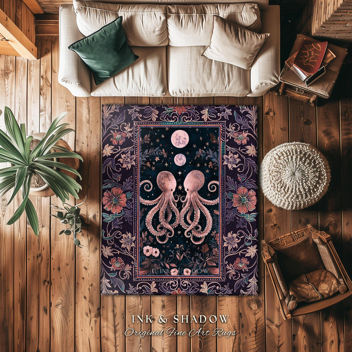 Lunar Magic Whimsical Octopus Rug | Midnight Purple Dark Academia Nautical Celestial Goblincore Oceanic Mystery Victorian Floral Area Rug |