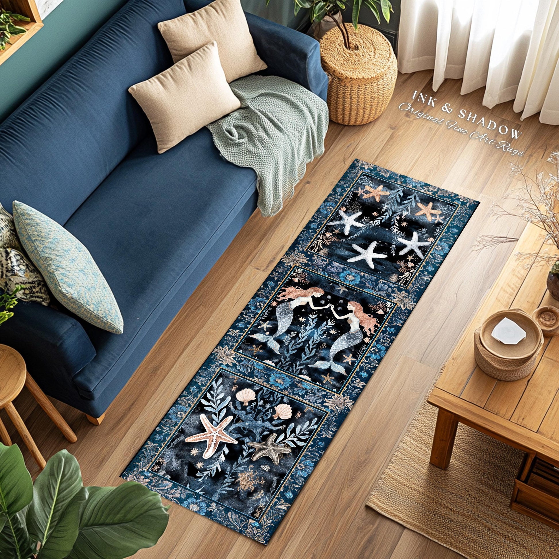 Mystical Midnight Blue Mermaid Rug Floral Oceanic Decor | Art Nouveau Coastal Cottagecore Whimsical Sea Nymph Nautical Fantasy Floor Accent