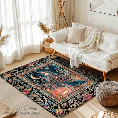 Black Cat Witch Spooky Season Area Rug | Celestial Sorceress Ethereal Halloween Aesthetic Accent Jack-o-lantern Wiccan Enchantment Gothic |