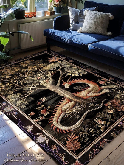 Goblincore Dragon Accent Rug | Medieval Fairytale Inspired Nursery Decor Morris Style Cottagecore Fairycore Gothic Dark Academia Bedroom |