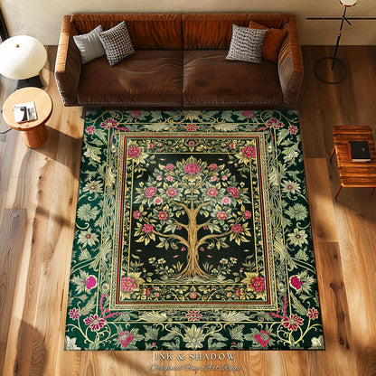 Rosy Botanical Rustic Tree Rug | Woodland Cottagecore Folklore Aesthetic Romantic Decor Vintage Fairycore Bedroom Accent Soft Aesthetic |