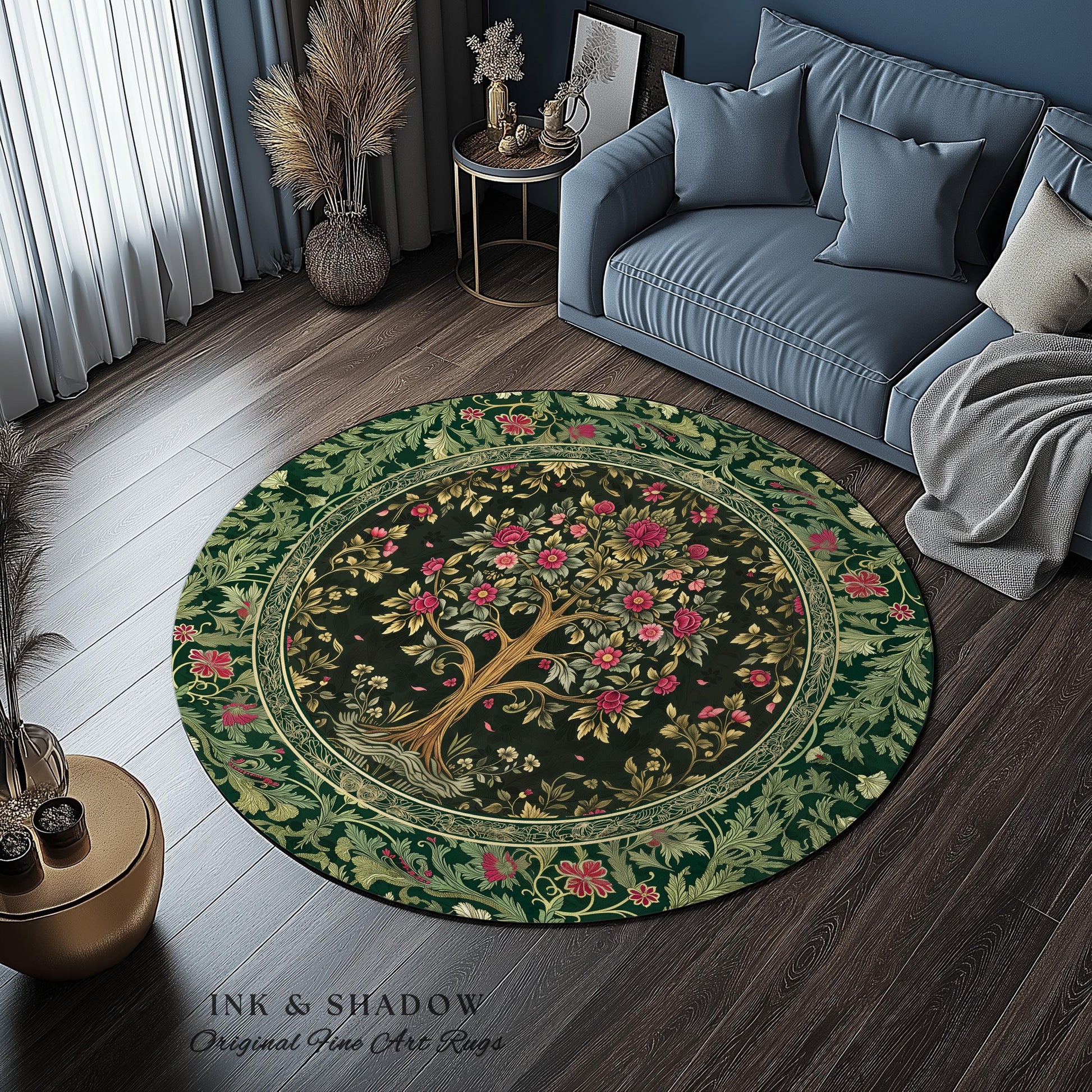 Rosy Botanical Rustic Tree Rug | Woodland Cottagecore Folklore Aesthetic Romantic Decor Vintage Fairycore Bedroom Accent Soft Aesthetic |