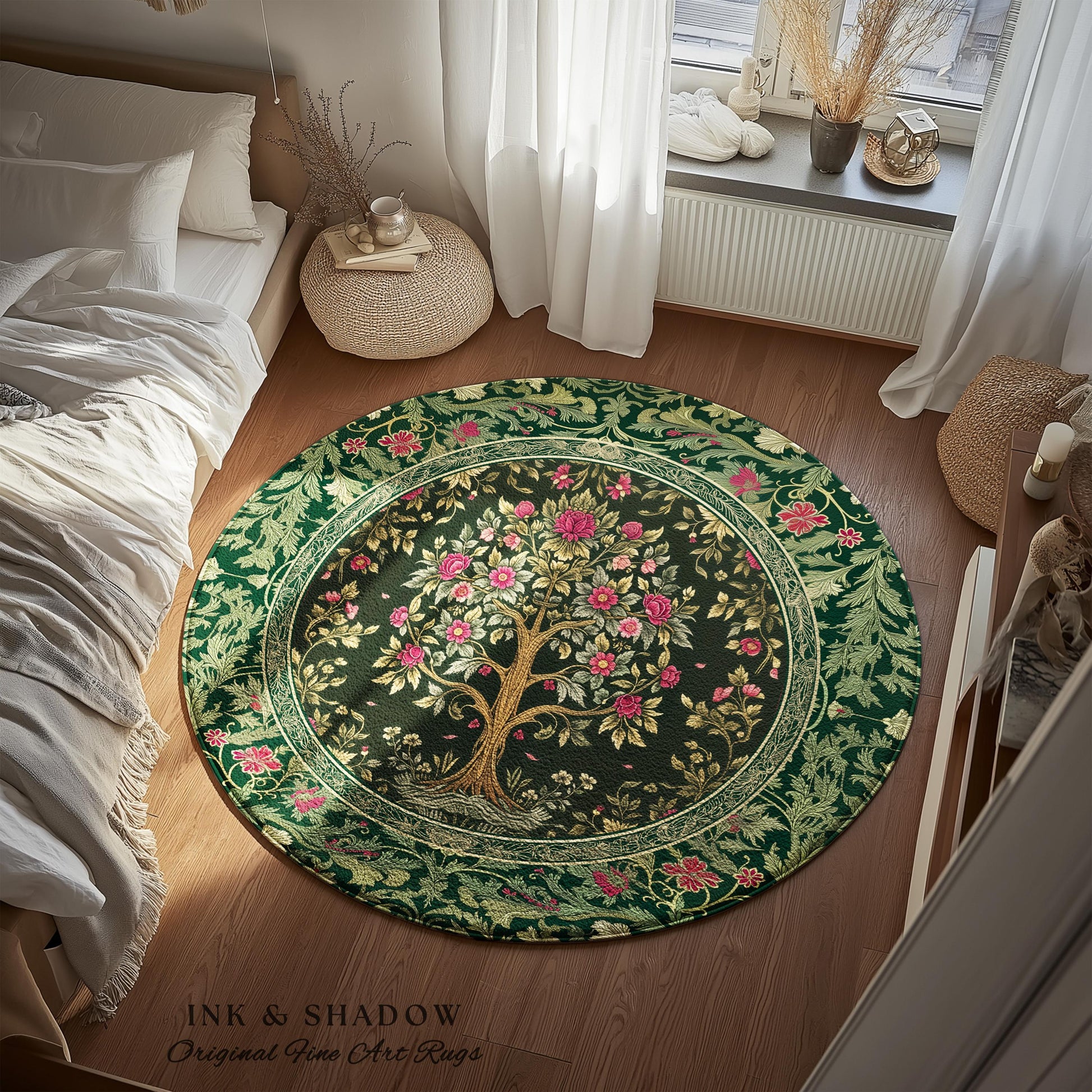 Rosy Botanical Rustic Tree Rug | Woodland Cottagecore Folklore Aesthetic Romantic Decor Vintage Fairycore Bedroom Accent Soft Aesthetic |