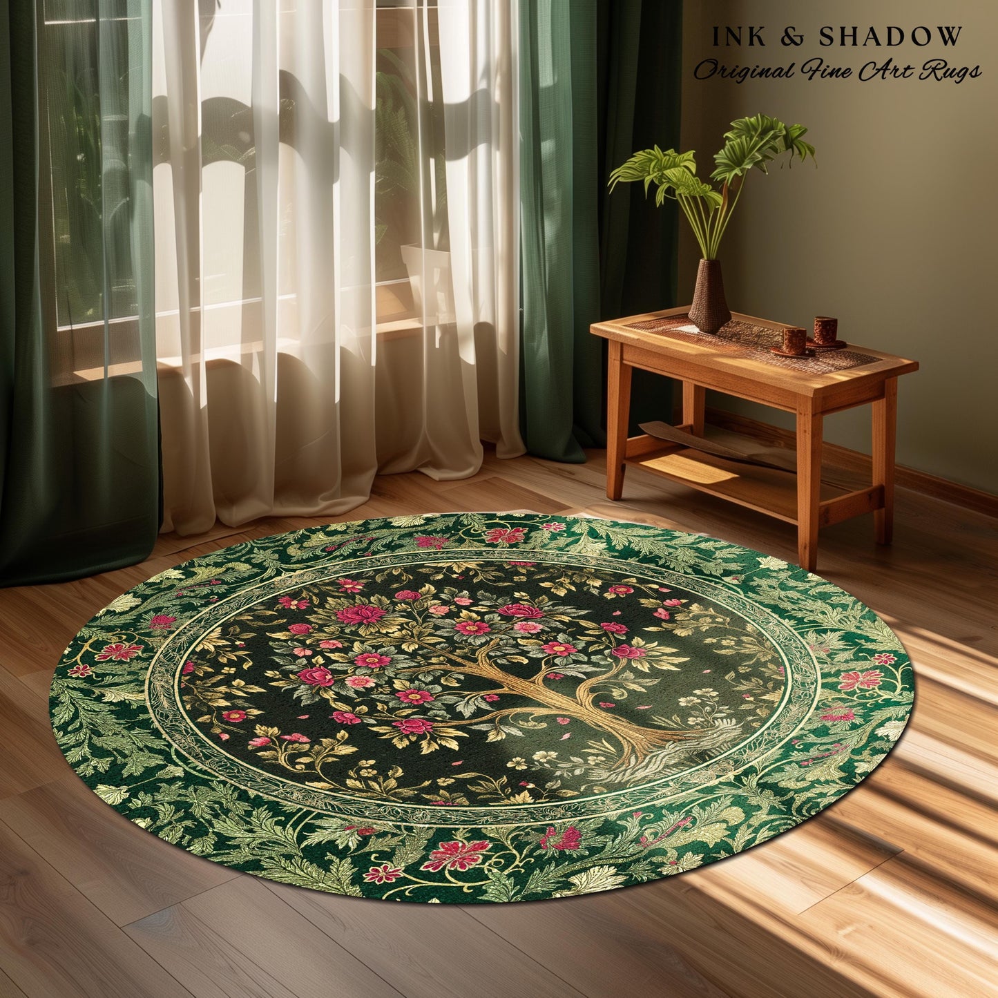 Rosy Botanical Rustic Tree Rug | Woodland Cottagecore Folklore Aesthetic Romantic Decor Vintage Fairycore Bedroom Accent Soft Aesthetic |