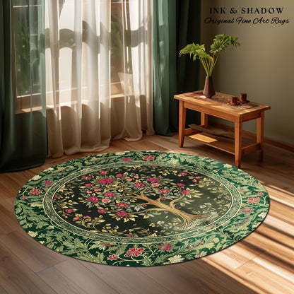Rosy Botanical Rustic Tree Rug | Woodland Cottagecore Folklore Aesthetic Romantic Decor Vintage Fairycore Bedroom Accent Soft Aesthetic |