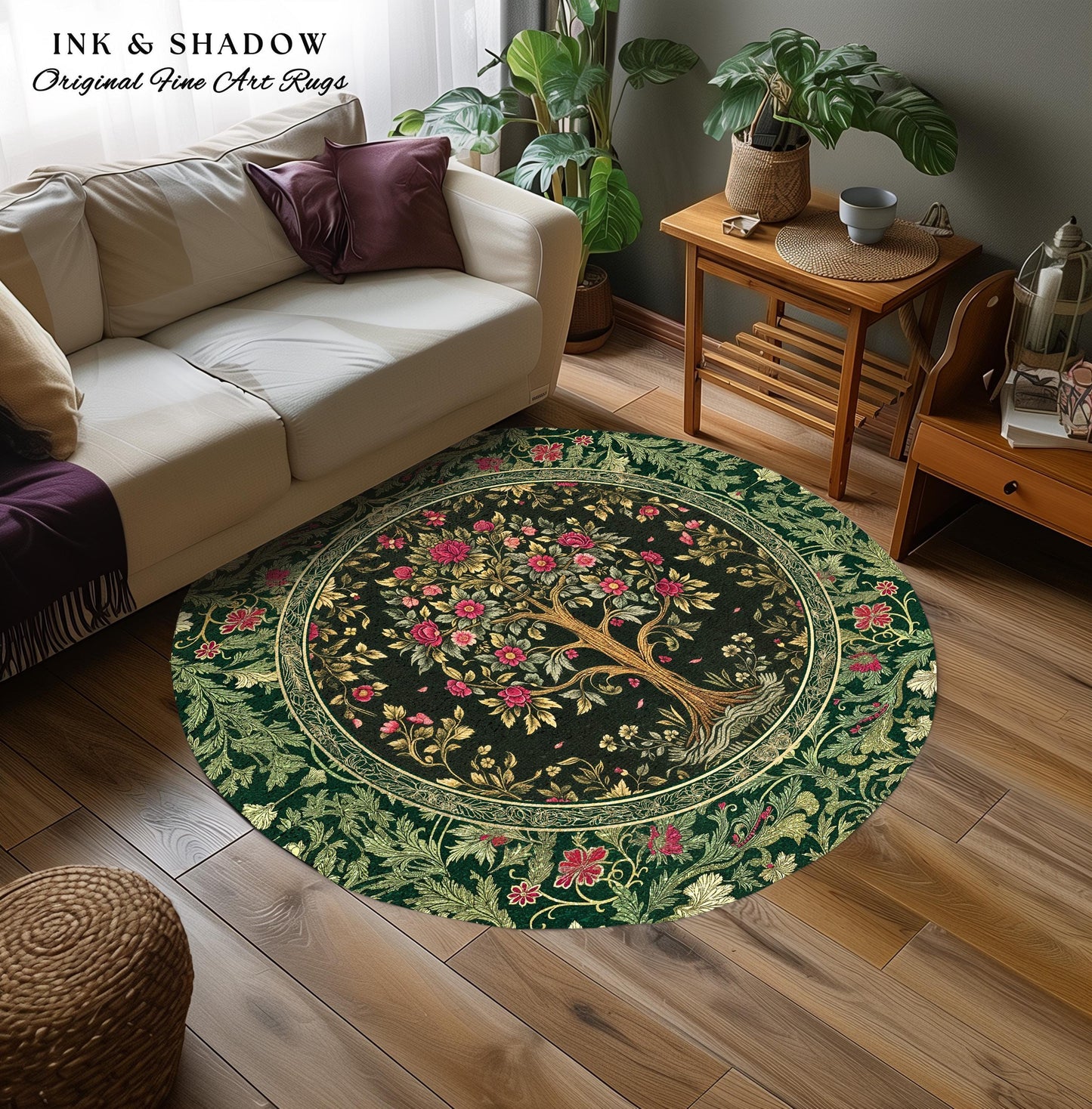 Rosy Botanical Rustic Tree Rug | Woodland Cottagecore Folklore Aesthetic Romantic Decor Vintage Fairycore Bedroom Accent Soft Aesthetic |