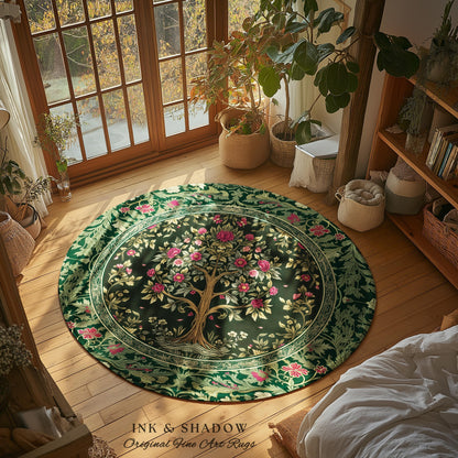 Rosy Botanical Rustic Tree Rug | Woodland Cottagecore Folklore Aesthetic Romantic Decor Vintage Fairycore Bedroom Accent Soft Aesthetic |