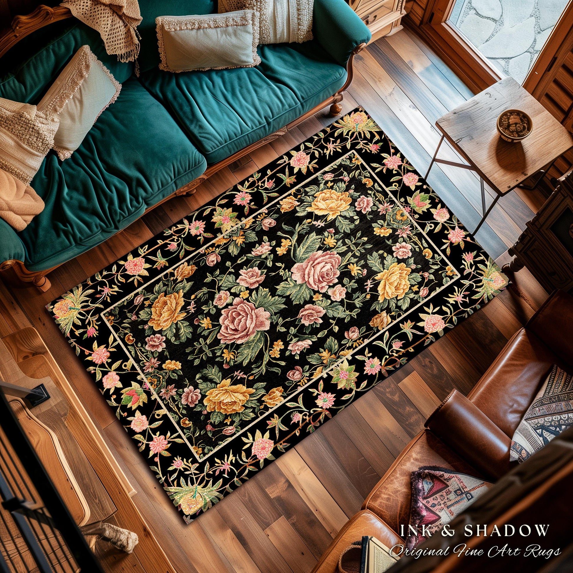 Victorian Roses Floral Accent Rug | Dark Floral Aesthetic Living Room Home Decor Rustic Housewarming Gift Cottagecore Pastel Bedroom Mat