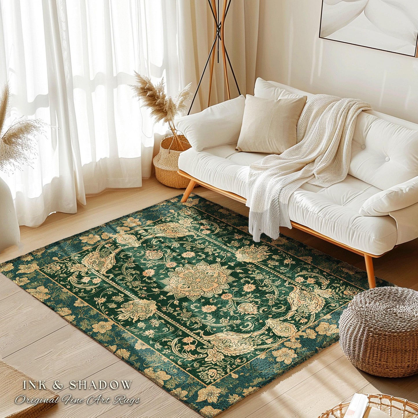 Victorian Botanical Medallion Emerald Green Rug Antique Rose Gold Floral Art Nuevo Accents, Vintage Cottagecore Elegant Persian Home Charm