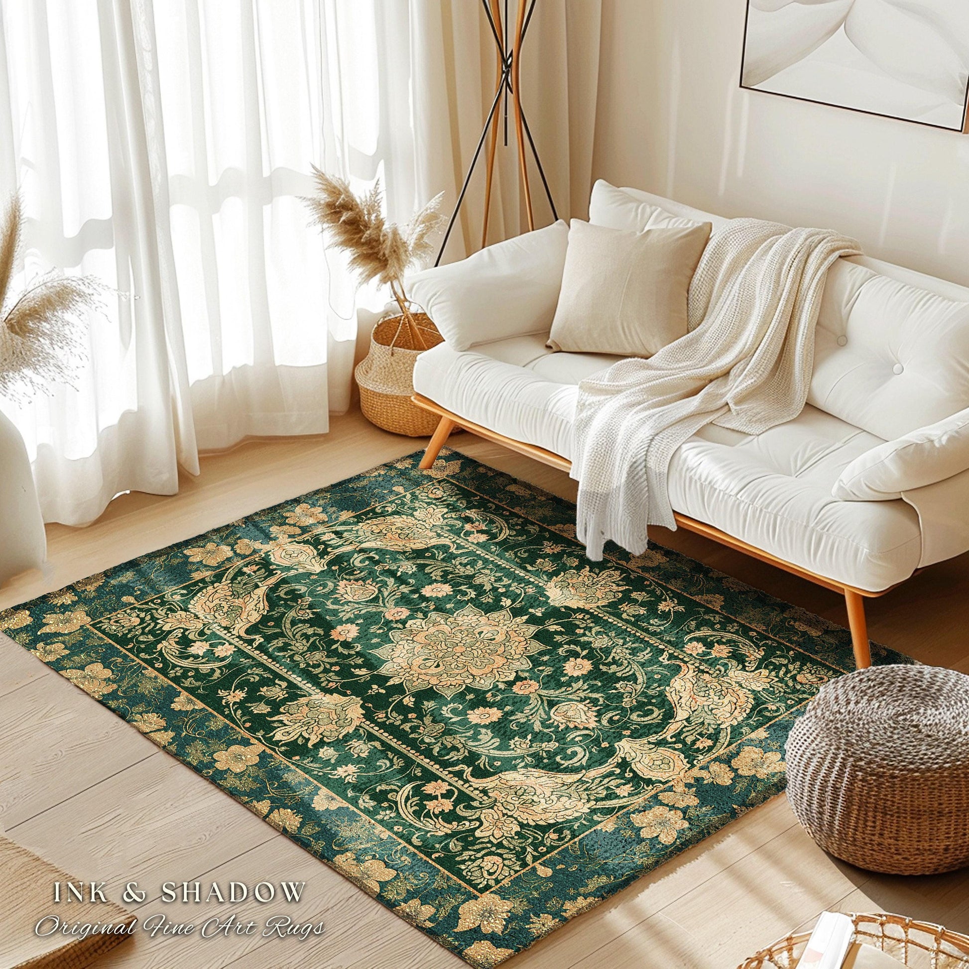Victorian Botanical Medallion Emerald Green Rug Antique Rose Gold Floral Art Nuevo Accents, Vintage Cottagecore Elegant Persian Home Charm
