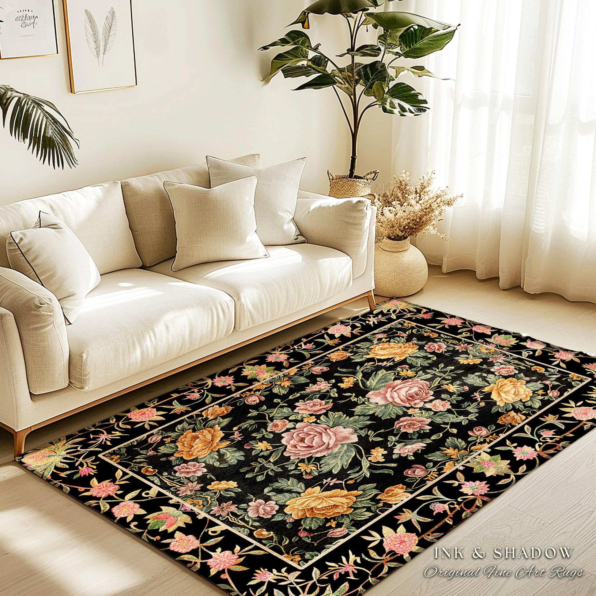 Victorian Roses Floral Accent Rug | Dark Floral Aesthetic Living Room Home Decor Rustic Housewarming Gift Cottagecore Pastel Bedroom Mat