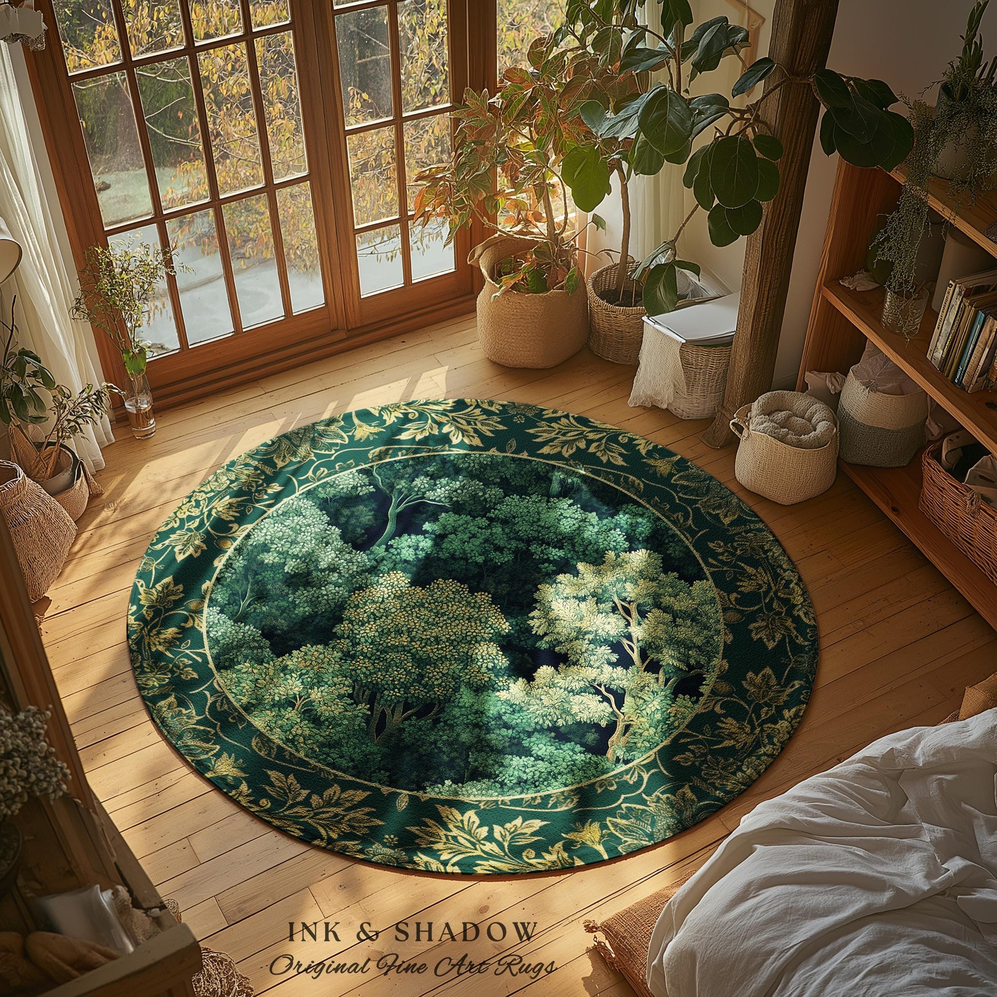 Lush Botanical Green Round Area Rug | Forest Theme Woodsy Aesthetic Living Room Green Home Decor Housewarming Gift Emerald Green Bedroom Mat