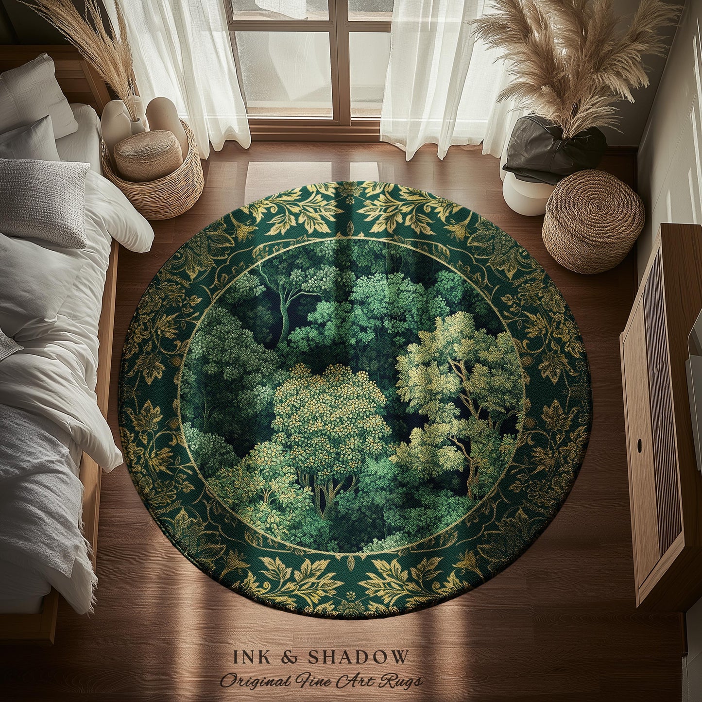 Lush Botanical Green Round Area Rug | Forest Theme Woodsy Aesthetic Living Room Green Home Decor Housewarming Gift Emerald Green Bedroom Mat