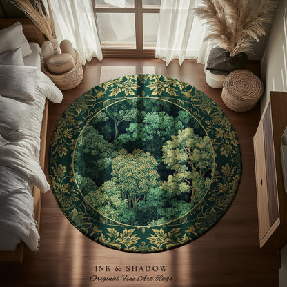 Lush Botanical Green Round Area Rug | Forest Theme Woodsy Aesthetic Living Room Green Home Decor Housewarming Gift Emerald Green Bedroom Mat