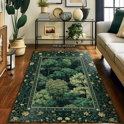 Lush Botanical Green Round Area Rug | Forest Theme Woodsy Aesthetic Living Room Green Home Decor Housewarming Gift Emerald Green Bedroom Mat