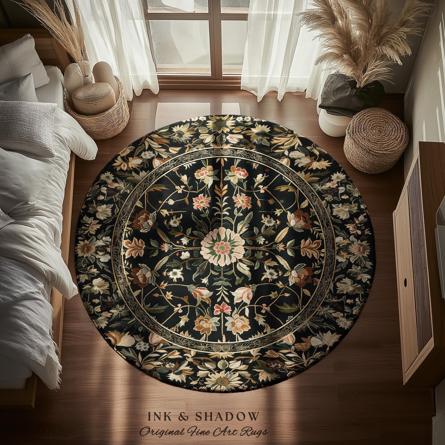 Victorian Folk Art Floral Rose Garden Rug | Dark Cottagecore Fairytale Decor Romantic Rustic Living Room Whimsical Vintage Aesthetic Accent