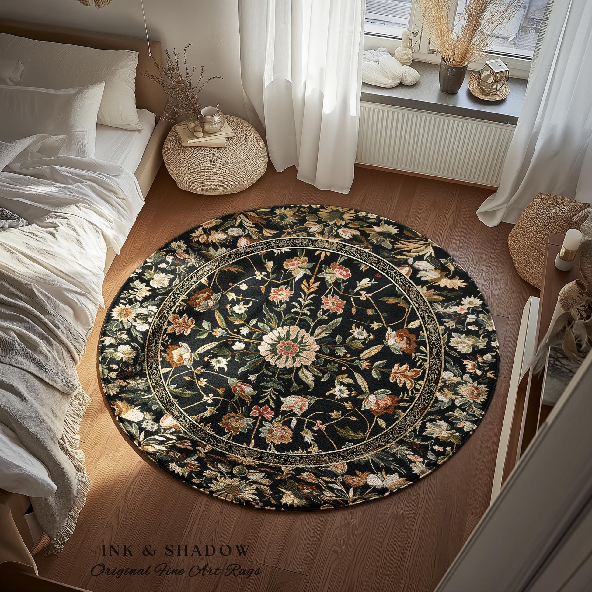 Victorian Folk Art Floral Rose Garden Rug | Dark Cottagecore Fairytale Decor Romantic Rustic Living Room Whimsical Vintage Aesthetic Accent